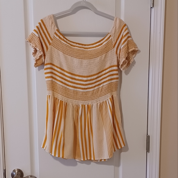 💜 18 CENTIMETERS Fitted Bodice Smock Top Gold and White Striped Size 1X - Picture 1 of 10